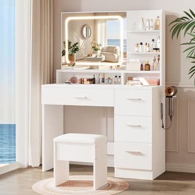 LIVELYGLOW Makeup Vanity Desk Set, 35.4“Wx15.7”Dx53.9“H, White (Smart LED Mirror, with Cushion Stool, Hairdryer Rack, Power-Outlet, 4 Drawers, Open Shelves) - Image 1