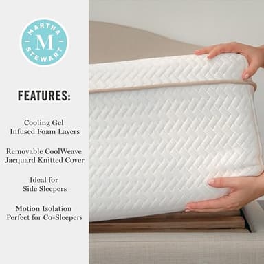 Martha Stewart SleepComplete Twin Mattress in a Box, Medium-Plush Dual-Action Cooling Gel Memory Foam Mattress, Removable Coolweave Jacquard Cover, 12", White - Image 5