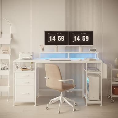 Lufeiya White Computer Desk with File Drawers Cabinet, 55 Inch Home Office Desk with Monitor Stand Shelves, Writing Study Gaming Desks with Led Lights and Power Outlets for Bedroom, White - Image 3