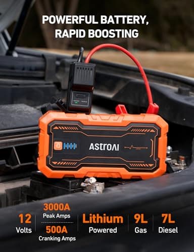 AstroAI S8 Pro Car Battery Jump Starter, 3000A Peak Jump Starter Battery Pack for Up to 9.0L Gas & 7.0L Diesel Engines, 12V Portable Jumper Box with 3 Modes Flashlight and Jumper Cables,Orange - Image 2