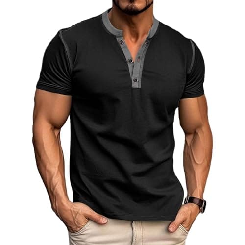 Men's Casual Henley Shirts Classic Button Cotton Short Sleeve T-Shirt Summer Basic Solid Lightweight Tees Tops Black - Image 1