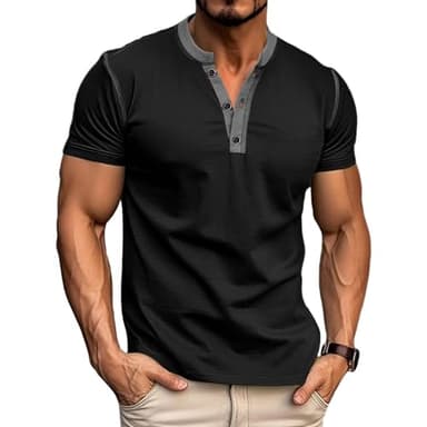 Men's Casual Henley Shirts Classic Button Cotton Short Sleeve T-Shirt Summer Basic Solid Lightweight Tees Tops Black - Image 1