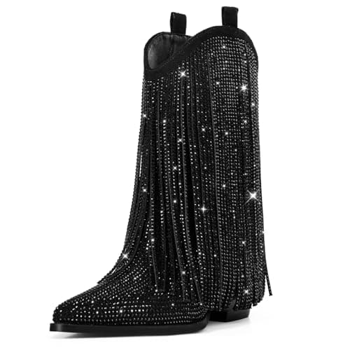 Ouepiano Black Cowboy Boots for Women - Black Cowgirl Rhinestone Boots with Sparkly Fringe Pointed Toe Western Boot Chunky Heel Pull-On Wide Calf Botas Vaqueras Size 9 - Image 1