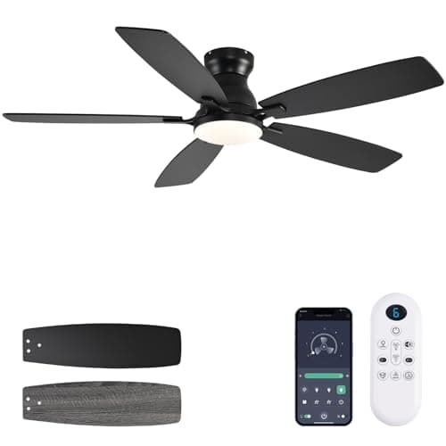 JSAITEE Ceiling Fans with Lights, 52 Inch Low Profile Ceiling Fan with Light and Remote Control, Flush Mount, DC Reversible Motor, Noiseless, Black 6 Speeds Ceiling Fan for Bedroom - Image 1