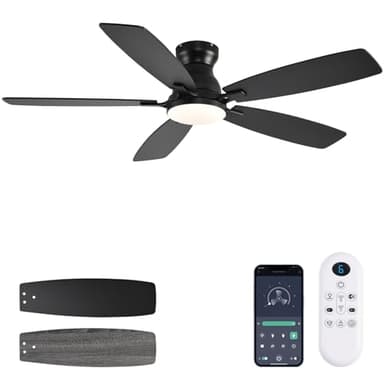 JSAITEE Ceiling Fans with Lights, 52 Inch Low Profile Ceiling Fan with Light and Remote Control, Flush Mount, DC Reversible Motor, Noiseless, Black 6 Speeds Ceiling Fan for Bedroom - Image 1