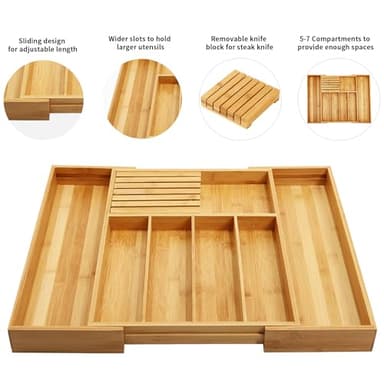 VaeFae Bamboo Silverware Drawer Organizer Kitchen, Expandable Utensil Organizer with Knife Block, Cutlery Tray with Divider, Multifunctional Wooden Drawer Organizer - Image 4