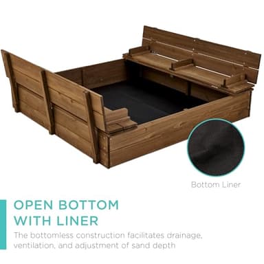 Best Choice Products Kids' Outdoor Wooden Sandbox Large, Cedar Wood with Foldable Bench Seats and Sand Protection, Bottom Liner Included - Walnut - Image 6