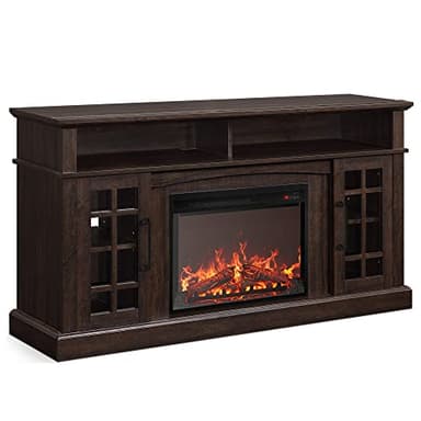BELLEZE Traditional 58" Rustic TV Stand with 23" Electric Fireplace Heater with Sound, Media Entertainment Center Console Table for TV up to 65" with Open Storage Shelves and Cabinets - Espresso - Image 8