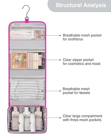 Relavel HangingTravel Toiletry Bag for Women, Large Capacity Toiletries Bag, Travel Essentials Organizer, Hanging Makeup Case for Accessories, Waterproof Bathroom Shower Bag (hot pink) - Image 8