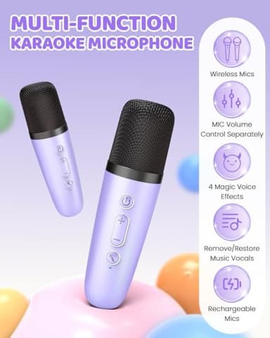 YLL Upgraded Mini Karaoke Machine with 4 Wireless Microphones Toy for Kids, Christmas Birthday Gifts for Girls Boys, Portable Party Bluetooth Speaker for 3, 4, 5, 6, 7, 8, 9, 10+ Year Old (Purple) - Image 6