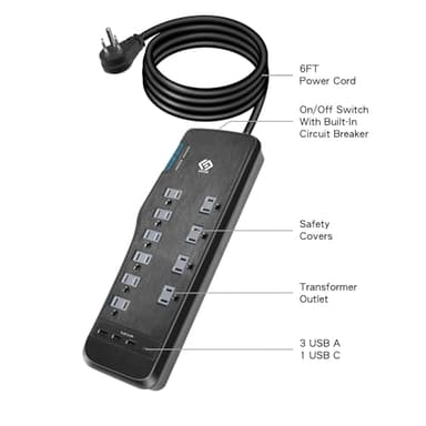 OSKOS Surge Protector Power Strip, 10 Outlets, Four USB 3.4A Ports (3A+1C), 6FT Extension Cord, 3540 Joules, 15A/1800W,Wall Mountable, UL Listed - Image 5