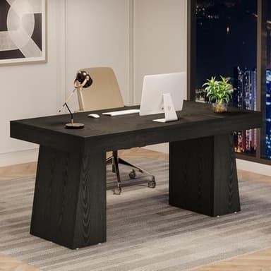 Tribesigns 55 Inches Executive Desk, Mid-Century Modern Home Office Desk with Double Trapezoid Base, Wood Computer Desk Business Workstation Desk Small Conference Table, Black - Image 3