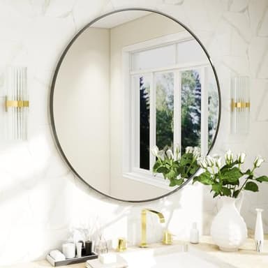 BEAUTYPEAK 20 Inch Round Mirror, Metal Frame Circle Mirror, Wall Mounted for Entryway, Bathroom, Vanity, Living Room, Black - Image 1
