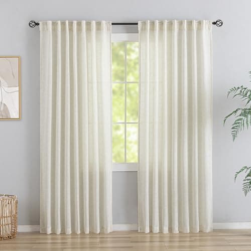 Cream Natural Linen Back Tab Curtains 84 Inch Length for Living Room,2 Panels Hook Belt Pleated Drapes Neutral Modern Farmhouse Boho Light Filtering Privacy Semi Sheer Bedroom Curtains,Ivory Colored - Image 1