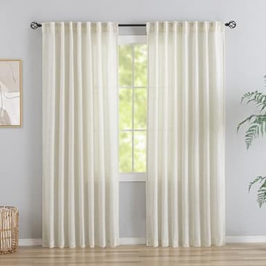 Cream Natural Linen Back Tab Curtains 84 Inch Length for Living Room,2 Panels Hook Belt Pleated Drapes Neutral Modern Farmhouse Boho Light Filtering Privacy Semi Sheer Bedroom Curtains,Ivory Colored - Image 1