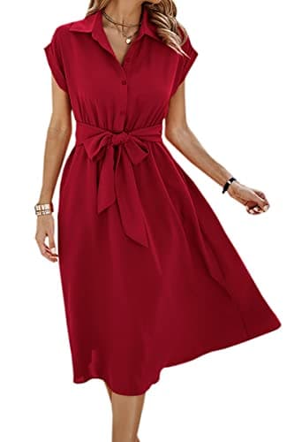 ECOWISH Womens 2025 Spring Summer Casual Short Sleeve Midi Dresses V Neck Button Down Belted Shirt Dress with Pockets Red L - Image 1