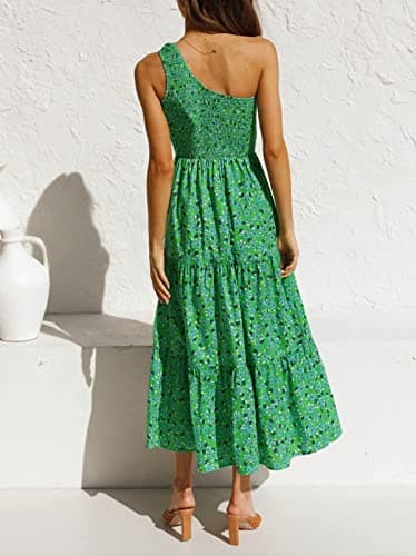 ZESICA Women's 2025 Bohemian Summer Floral Print One Shoulder Sleeveless Smocked Ruffle Tiered Beach Long Midi Dress,GrassGreen,Small - Image 3