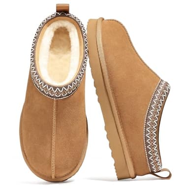 bebealy Genuine Suede Fuzzy Slippers for Women Winter Warm House Shoes Cozy Mini Boots for Indoor Outdoor, Chestnut 39 - Image 1