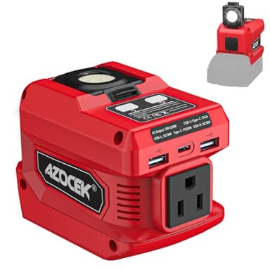 220W Azocek Power Inverter Compatible with Milwaukee 18V Battery, DC 18V to AC 110V Portable Power Station with 1 AC Outlet, 2 USB Ports & 1 Type-C Fast Charging, 400LM LED Work Light - Image 1