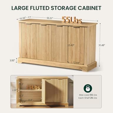 OLILAWN 55" Oak Fluted Sideboard Buffet Cabinet with Storage, Large Buffet Cabinet with 4 Doors, Wood Mid Century Modern Sideboard for Kitchen and Living Room - Image 2