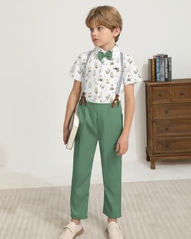 DISAUR Baby Boy Dress Clothes Printed Short Sleeve Shirt Grass Green Suspender Pants Boy Wedding Outfits 3t 4t 3-4t - Image 7