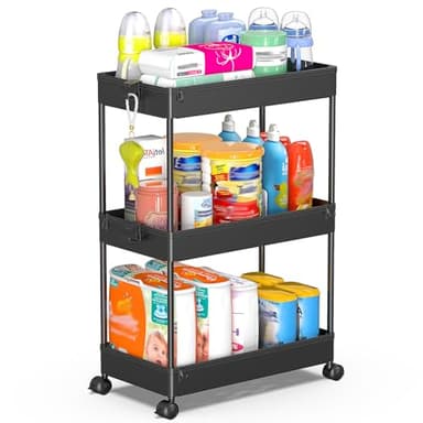 SPACEKEEPER Rolling Storage Cart 3 Tier Bathroom Cart Organizers with Wheels Laundry Room Organization Mobile Shelving Unit Utility Cart Storage Shelves Multi-Functional for Office, Home, Black - Image 1