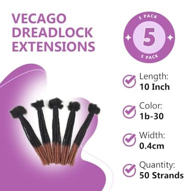 Vecago 10 inch 50 Strands Loc Extensions Human Hair, 0.4cm Width 100% Human Hair Dreadlock Extensions for Men/Women, Can be Dyed Soft Dreads Extensions,1B/30 - Image 2