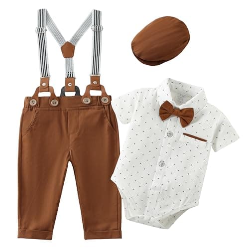 ZOEREA Baby Boy Suit Gentleman Outfit Clothes Infant Tuxedo Short Sleeve Dress Shirt+Suspender Pants+Bowtie+Hat 0-18M - Image 1