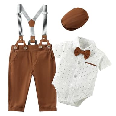 ZOEREA Baby Boy Suit Gentleman Outfit Clothes Infant Tuxedo Short Sleeve Dress Shirt+Suspender Pants+Bowtie+Hat 0-18M - Image 1