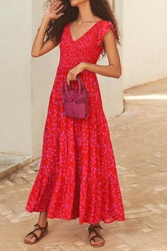PRETTYGARDEN Women's Summer Flowy Maxi Dress Casual Cap Sleeve V Neck Smocked Beach Sundress (Print Red,X-Large) - Image 4