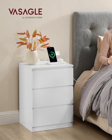 VASAGLE Nightstands with Charging Station, Set of 2, AC Outlets and USB Ports, Bedside Tables, Side Tables with 3 Drawers, Modern Style, 13.8 x 15.7 x 23.2 Inches, Cloud White ULET731W16 - Image 2
