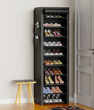 VTRIN Vertical Narrow Shoe Rack Organizer 10 Tier Tall Shoe Shelf Holds 20-22 Pairs with Non-Woven Dustproof Cover for Closet, Entryway Black - Image 2