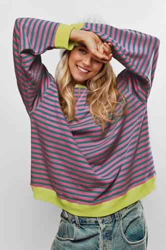 UEU Oversized Striped Sweatshirt for Women Casual Loose Fit Long Sleeve Crewneck Pullover Tops Pink Green Striped X-Large - Image 2