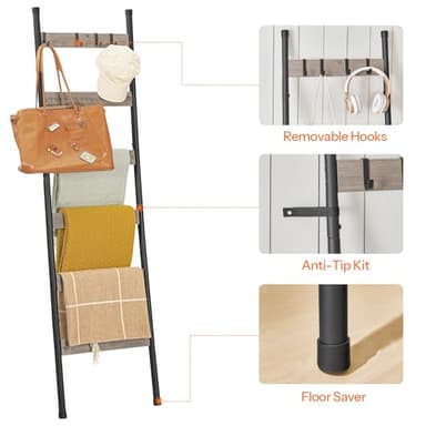 HOOBRO Blanket Ladder, 6-Tier Towel Rack with Hooks, Wall-Leaning Blanket Rack, Decorative Display Ladder Shelf, Scarves, Industrial, Living Room, Bedroom, Black and Greige BG66CJ01 - Image 6