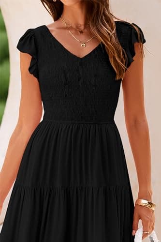 PRETTYGARDEN Women's Summer Flowy Maxi Dress Casual Cap Sleeve V Neck Smocked Beach Sundress (Solid Black,Small) - Image 5