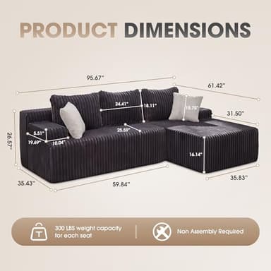 Hobestluk 96” Modular Sectional Sofa Couches L-Shape Couch 3 Seat Modular Sofa Memory Foam Sectional Couches for Living Room, Cloud Couch with Oversized Chaise (Grey, Stripe (Right Facing Chaise)) - Image 2