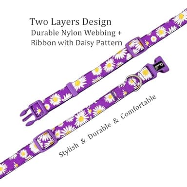 Olahibi Dog Collar, Floral Pattern, Nylon Webbing Plus Cotton Ribbon, for Medium Dogs.(M, Purple Daisy) - Image 4