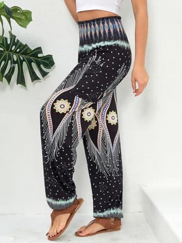 QIANXIZHAN Women's Harem Pants, High Waist Yoga Boho Trousers with Pockets Peacock Black XL - Image 7