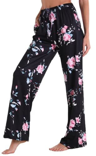 X-Image Women Summer Pajama Comfy Lounge Pants Casual Sleepwear PJ Pants with Pockets Black - Pink Flower, XX-Large - Image 2