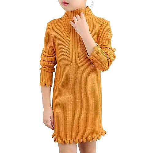 YETANLID Toddler Girls Knit Sweater Dress Long Sleeve Soft Touch Mock Neck Bodycon Winter Pullover Sweater Dress Yellow Size 3-4T - Image 1