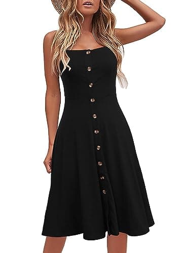 Berydress Women's Casual Beach Summer Dresses Solid Cotton Flattering A-Line Spaghetti Strap Button Down Midi Sundress (L, 6046-Black) - Image 1