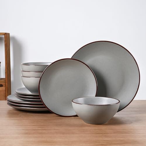 Famiware Venus Plates and Bowls Sets, 12 Pieces Stoneware Speckled Dinnerware Sets, Dishes Set for 4, Microwave and Dishwasher Safe, Matte Dark Grey - Image 1