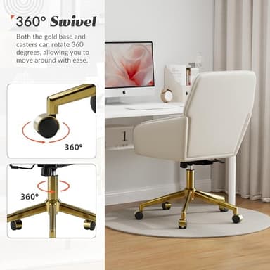 YISHENG Velvet Home Office Chair with Gold Base Upholstered Tufted Modern Height Adjustable 360 Degree Swivel Desk Chair with Wheels, Vanity Chairs for Living Room, Bedroom,Study Room (Cream) - Image 9