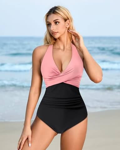 SUUKSESS Women Sexy Tummy Control One Piece Swimsuits Halter Push Up Monokini Bathing Suits (Pink Black, L) - Image 2