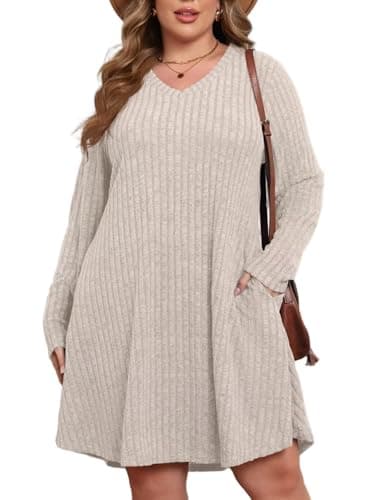 BELAROI Plus Size Sweater Dress Curvy Women Fall Dresses Winter V Neck Long Sleeve Pockets Tshirt Dress Loose Fit (2X, Apricot) - Image 1