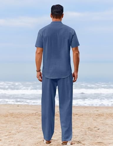 COOFANDY Men's 2 Piece Cotton Sets Casual Short Sleeve Henley Shirts and Yoga Beach Pants with Pockets Summer Vacation Outfit - Image 4