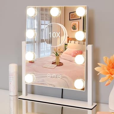 Kotdning Vanity Mirror with Lights,Lighted Vanity Mirror with 9 Dimmable Bulbs for Dressing Room & Bedroom,3 Color Lighting,Modes Detachable 10x Magnification 360°Ratation(White) 12" L x 14.4" W - Image 4