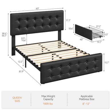 IDEALHOUSE Queen Size Bed Frame with 4 Storage Drawers and Headboard, Faux Leather Upholstered Platform Bed Frame with Wooden Slats Support, Button Tufted Design, No Box Spring Needed, Black - Image 2