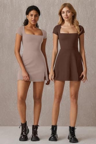QINSEN Exercise Workout Dress for Women Square Neck Short Sleeve Flare Tennis Dress with Shorts Pockets Rose Taupe XL - Image 7