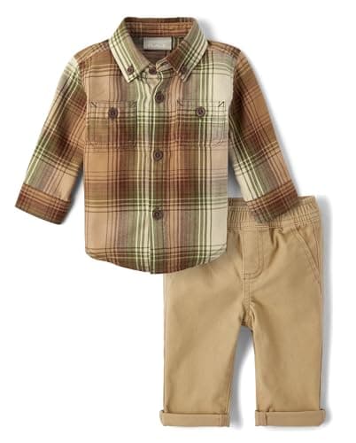 The Children's Place,Baby Boys,and Newborn Long Sleeve Dress Shirt and Pants 2-Piece Set,Tan Plaid Set,12 Months,18 Months - Image 1